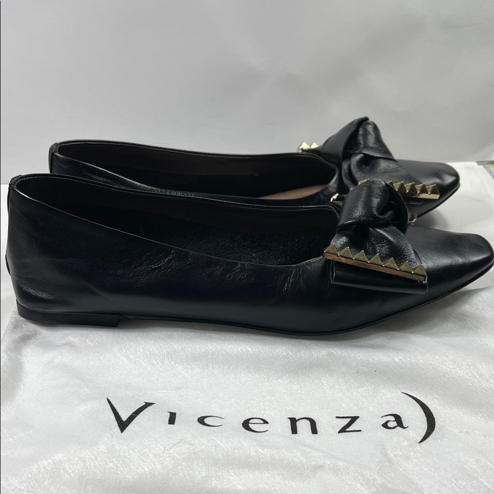 Anthropologie Vicenza Black Leather Women's Flats Studded Bow Size 9M EUC - Picture 3 of 13